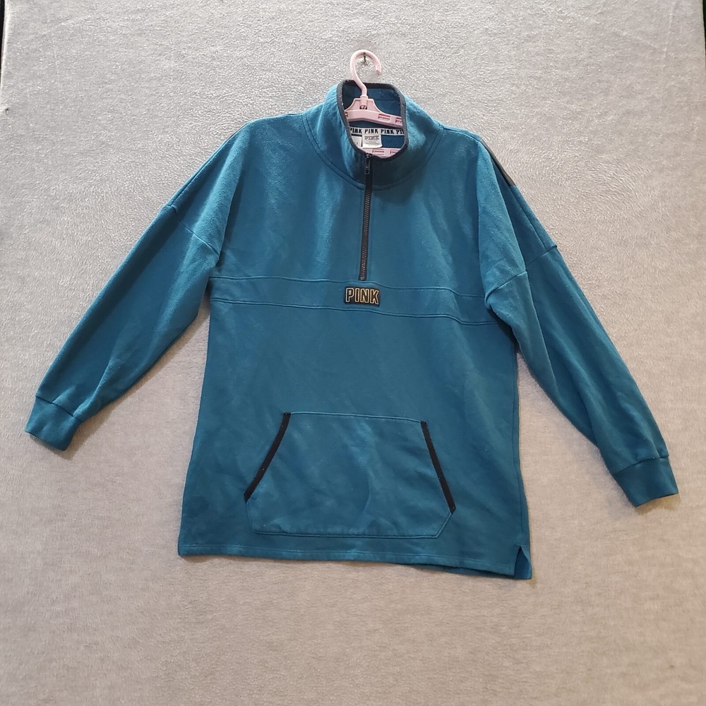 PINK Victoria's Secret Women Sweatshirt Medium Blue 1/4 Zip Logo Fleece Pullover